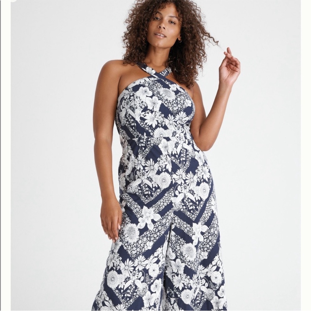 Anthropologie Floral Cross-Neck Jumpsuit - Navy and White